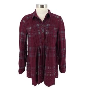 Free People Baby Blues Tunic Shirt Red Plaid Long Sleeve Pleated Button Small